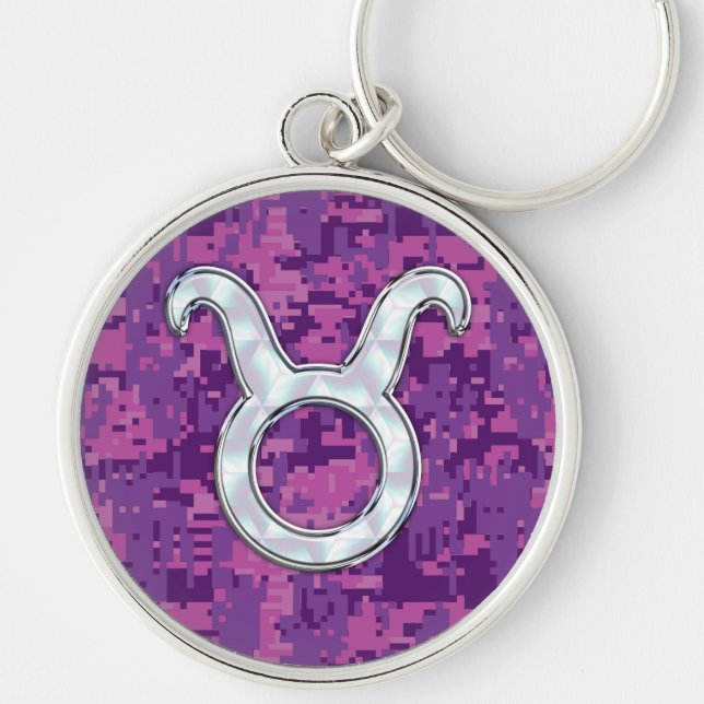 Pink Pearl Like Taurus Zodiac Sign on Digital Camo Keychain (Front)