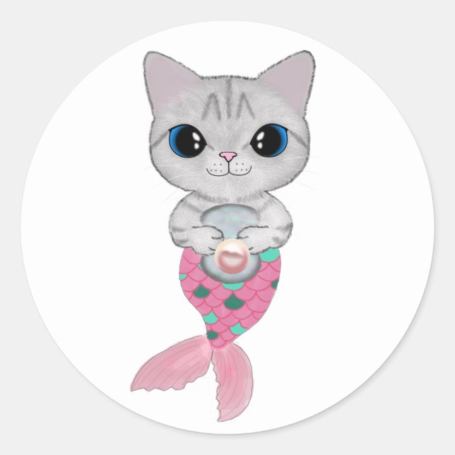 Pink Pearl Purrmaid Classic Round Sticker (Front)
