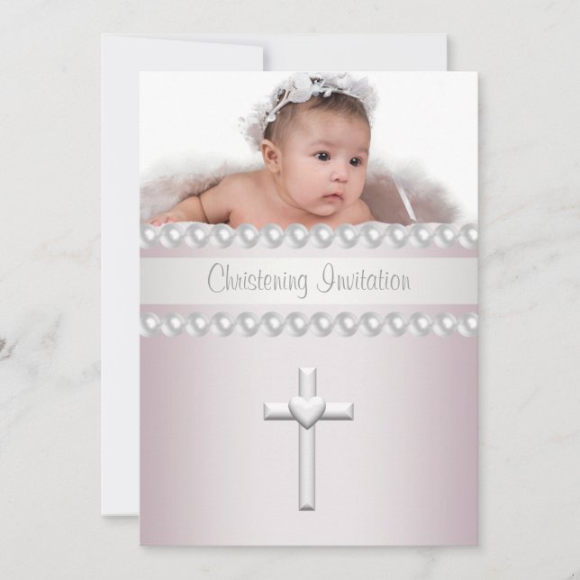 Pink Pearls Cross Baby Girl Photo Christening Invitation (Front)