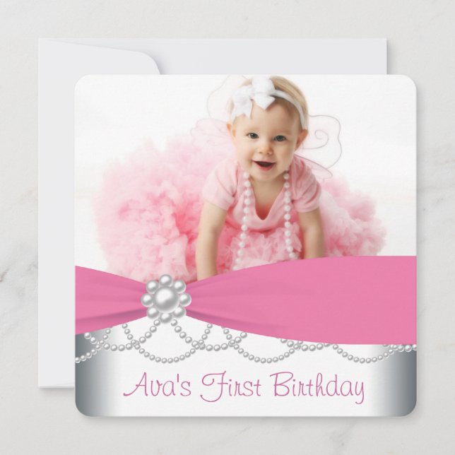 Pink Pearls Girls Photo Birthday Party Invitation (Front)