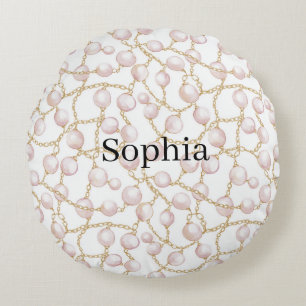 Pink Pearls Gold Chain   Round Pillow