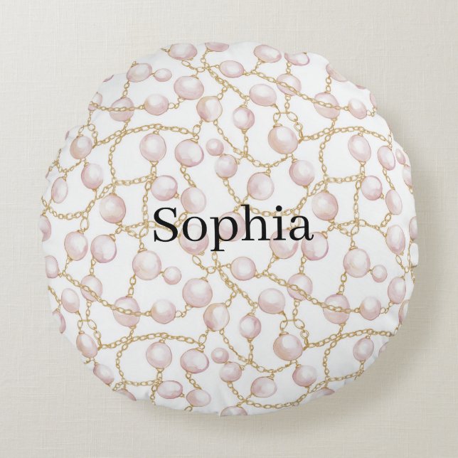 Pink Pearls Gold Chain   Round Pillow (Front)