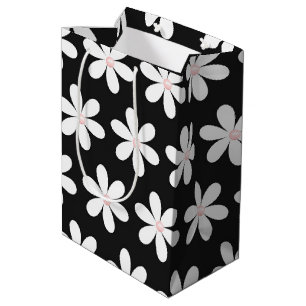 Pink Pearls in Daisies on Black Medium Gift Bag