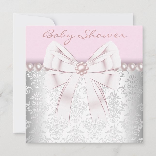 Pink Pearls Pink Damask Baby Shower Invitation (Front)
