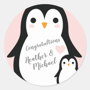 Pink Penguin Baby Shower Classic Round Sticker