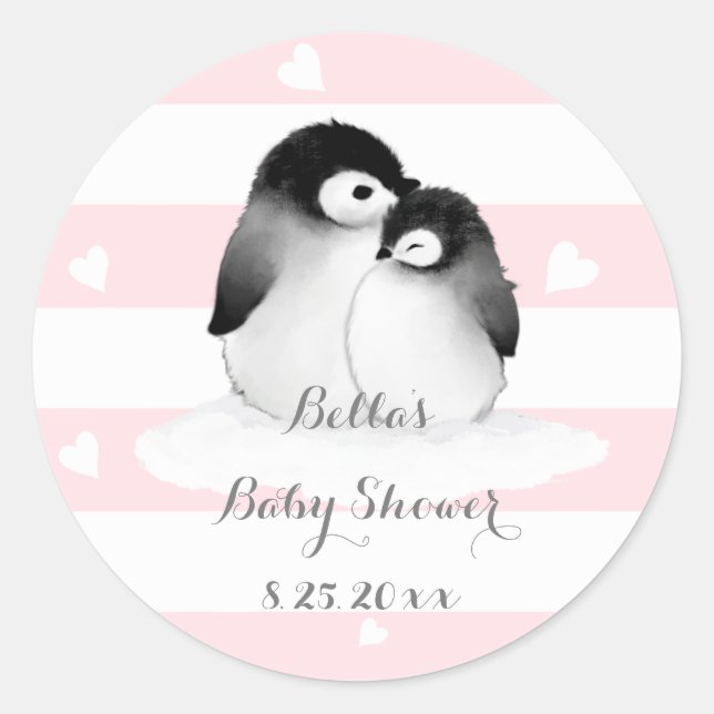 PInk Penguin Baby Shower Stickers (Front)