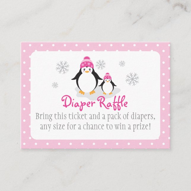 Pink Penguin Diaper Raffle Ticket Enclosure Card (Front)