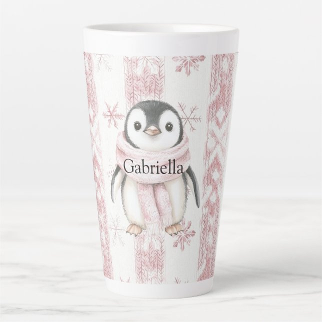 Pink Penguin Snowflakes Christmas Latte Mug (Front)