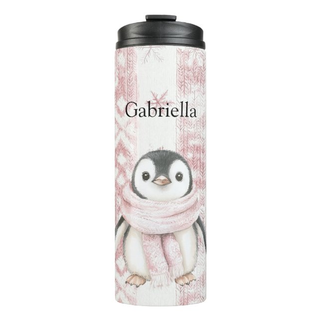 Pink Penguin Snowflakes Christmas Thermal Tumbler (Front)