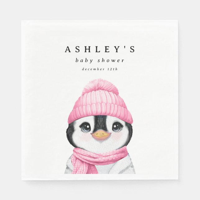 Pink Penguin Winter Baby Shower Napkin (Front)