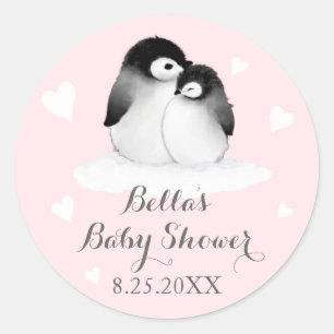Pink Penguins Baby Shower Stickers
