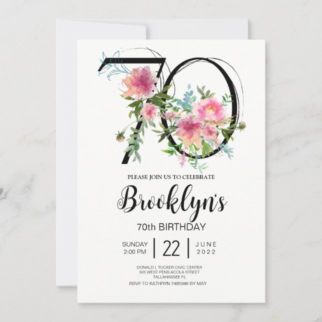 Pink Peonies 70th Birthday  Invitation (Front)
