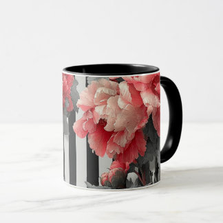 pink peonies and black and white stripes mug