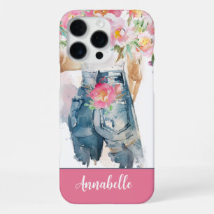 Pink Peonies and Denim Charm iPhone 16 Pro Max Case
