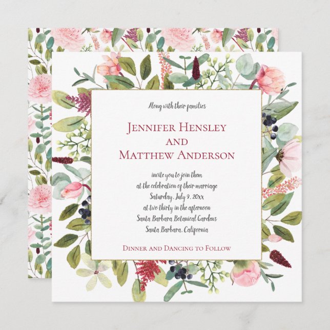 Pink Peonies and Eucalyptus Watercolor Floral Invitation (Front/Back)