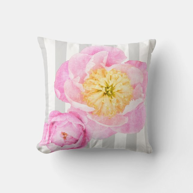 Pink Peonies and Grey Stripes Monogram Throw Pillow (Front)