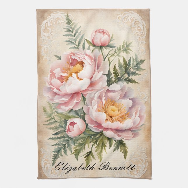 Pink Peonies and Lace Kitchen Towel (Vertical)