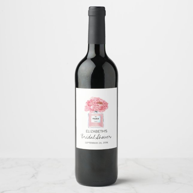 Pink Peonies and Perfume Floral Bridal Shower Wine Label (Front)