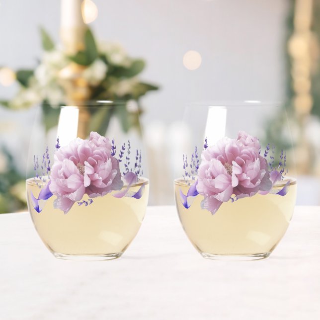 Pink Peonies and Touch of Lavender Stemless Wine Glass (Insitu (Wedding))