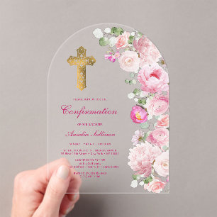 Pink Peonies Arch Confirmation Acrylic Invitations