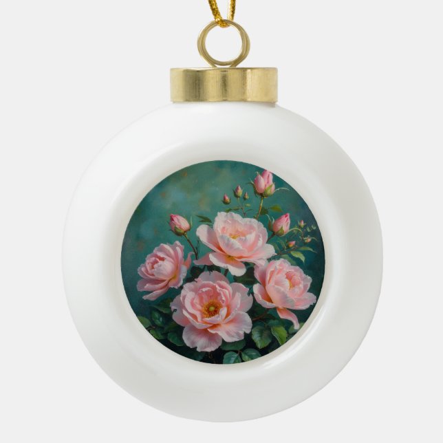 Pink Peonies Artwork on Emerald Green Ceramic Ball Christmas Ornament (Front)