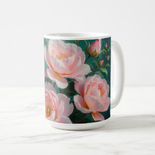 Pink Peonies Artwork on Emerald Green Coffee Mug