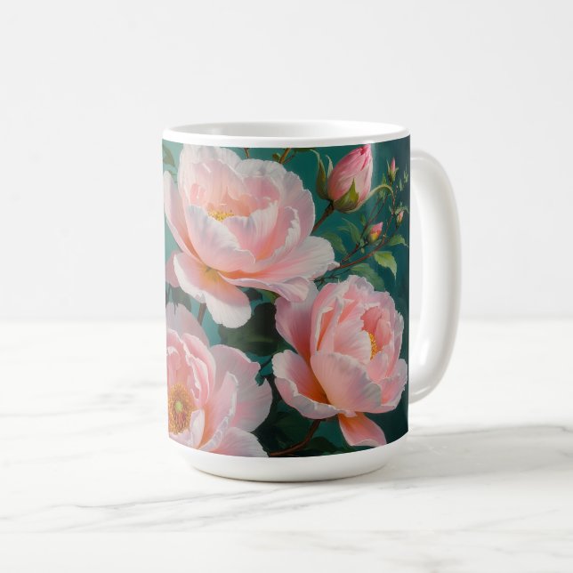 Pink Peonies Artwork on Emerald Green Coffee Mug (Front Right)
