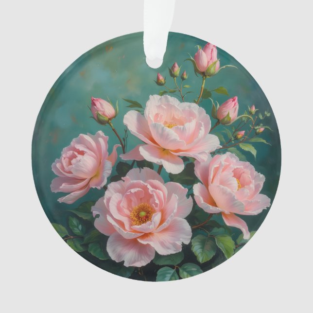 Pink Peonies Artwork on Emerald Green Ornament (Front)