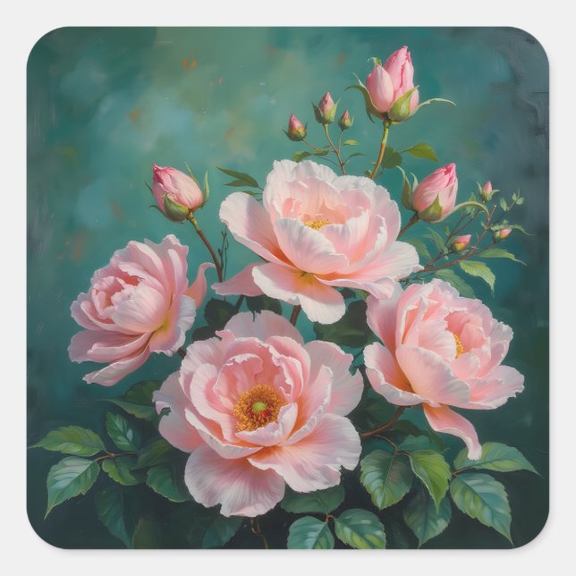 Pink Peonies Artwork on Emerald Green Square Sticker (Front)