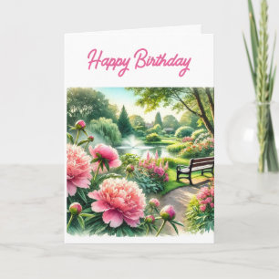 Pink Peonies at Park Happy Birthday Greeting  Card