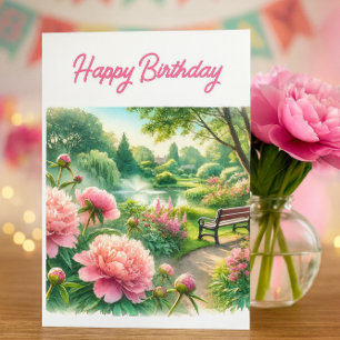 Pink Peonies at Park Happy Birthday Greeting Card