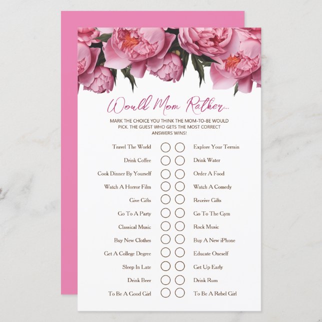 Pink Peonies Baby Shower Game Would Mom Rather... (Front/Back)