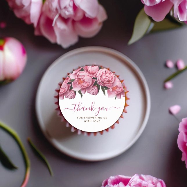 Pink Peonies Baby Shower Thank You Classic Round Sticker (Pink Peonies Watercolor Baby Shower Thank You Classic Round Sticker)
