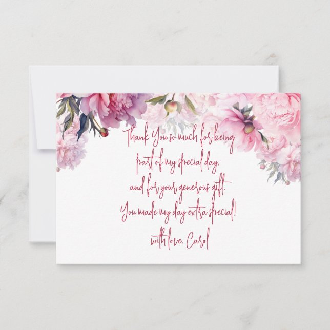 Pink peonies birthday party watercolor thank you card (Front)