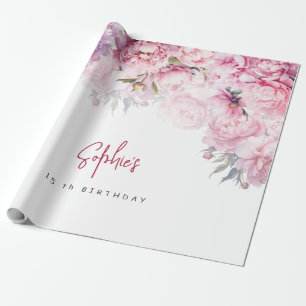 Pink peonies birthday party watercolor wrapping paper