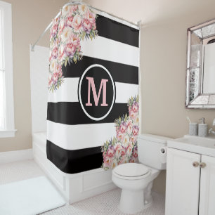 Pink Peonies Black and White Striped Monogram
