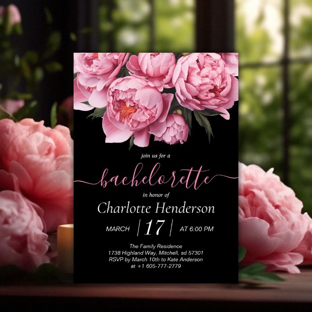 Pink Peonies Black Bachelorette Party Invitation (Pink Peonies Watercolor Black Bachelorette Party Invitation)