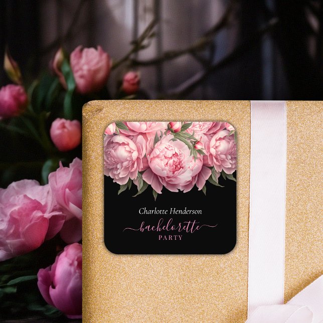 Pink Peonies Black Bachelorette Party Square Sticker (Pink Peonies Watercolor Black Bachelorette Party Square Sticker)