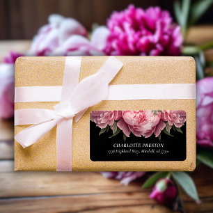 Pink Peonies Black Bachelorette Return Address Label
