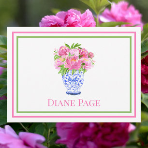 Pink Peonies Blue Chinoiserie Vase Custom Preppy Card