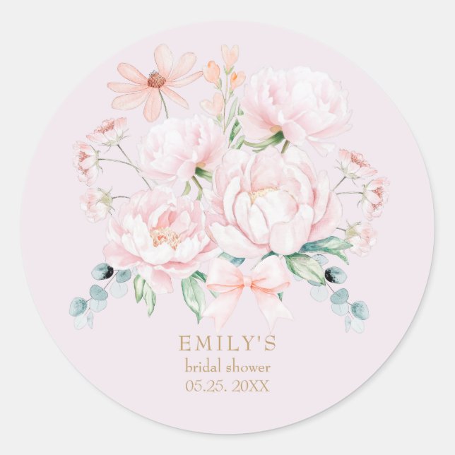 Pink Peonies  Bow Wildflower Garden Bridal Shower Classic Round Sticker (Front)