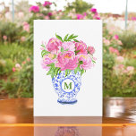 Pink Peonies Chinoiserie Vase Green Monogram Card<br><div class="desc">Who doesn't love peonies? They are so beautiful in this blue and white vase. Grab these cards for thank you notes,  birthday cards,  or notes to friends or family. Personalize with an initial. This peonies pattern can be found on other items in my shop,  PageCreative Designs.</div>