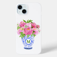 Pink Peonies Chinoiserie Vase Green Monogram