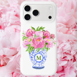 Pink Peonies Chinoiserie Vase Green Monogram iPhone 15 Mini Case<br><div class="desc">Who doesn't love peonies? They are so beautiful in this blue and white vase. You'll always be able to find your phone with these pink flowers in bloom. Personalize with an initial. This peony pattern can be found on other items in my shop,  PageCreative Designs.</div>