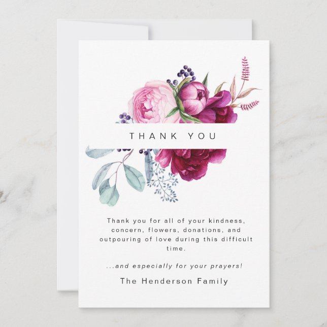 Pink Peonies Colourful Funeral Bereavement  Thank You Card (Front)