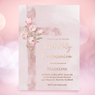 pink peonies cross First holy Communion