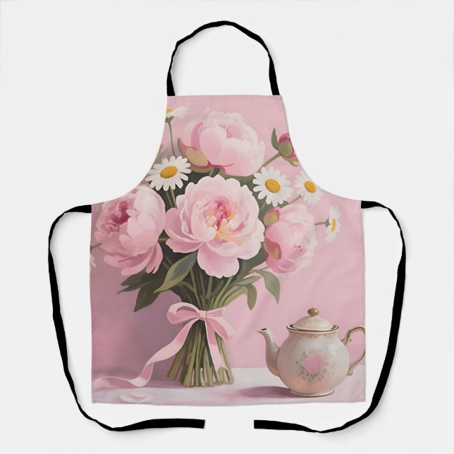 Pink Peonies Daisies Bouquet Apron (Front)