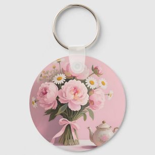 Pink Peonies Daisies Bouquet Keychain