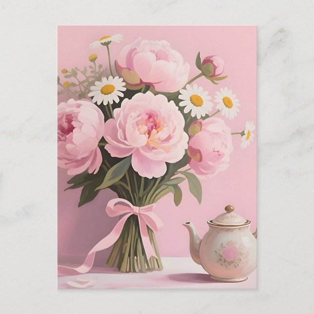 Pink Peonies Daisies Bouquet Postcard (Front)