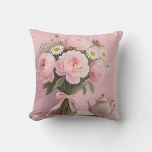 Pink Peonies Daisies Bouquet Throw Pillow